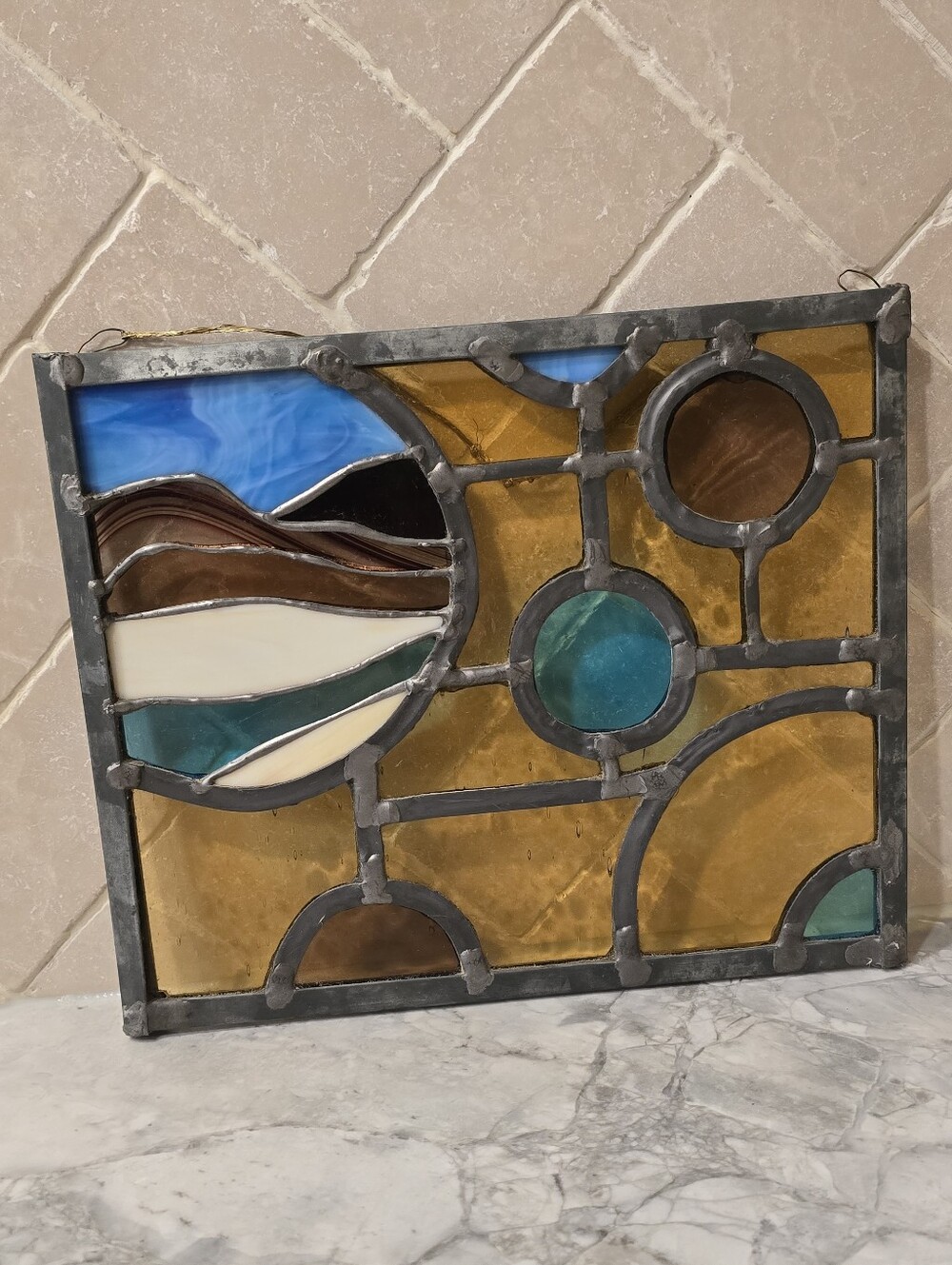 Vintage Mid Century Modern Stained Glass Art Panel Yellow Mountain Landscape